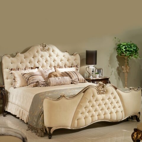 Natural Art & Crafts Enclose Hand Carved Teak Wood Button Tufted Rectangular King Size Bed Luxury for Modern Bedroom Decor