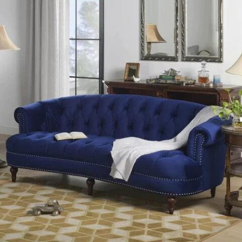 Natural Art & Craft Chesterfield Graceful Velvet 3-Seater Rolled Arm Sofa Walnut Legs ( Blue )