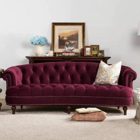 Natural Art & Craft Chesterfield Graceful Velvet 3-Seater Rolled Arm Sofa Walnut Legs ( Maroon )