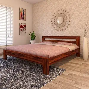 Natural Art & Crafts Glaze Handmade Teak Wood King Size Plain Bed Luxurious Honey Finish for Elegant Bedroom Decor