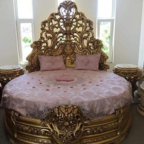 Natural Art & Crafts Dice Hand Carved Teak Wood Round King Size Bed Luxurious Royal Design, for Master Bedroom ( Golden Finish )