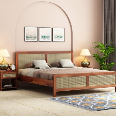 Natural Art & Crafts Cane Design Handmade Teak Wood King Size Plain Bed for Bedroom, Hotel