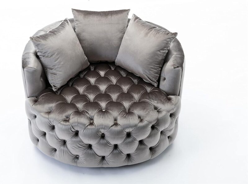 Natural Art & Craft Barrel Button Tufted Design Modern Round Sofa For Living Room with 3 Pillows ( Grey ) - Image 7