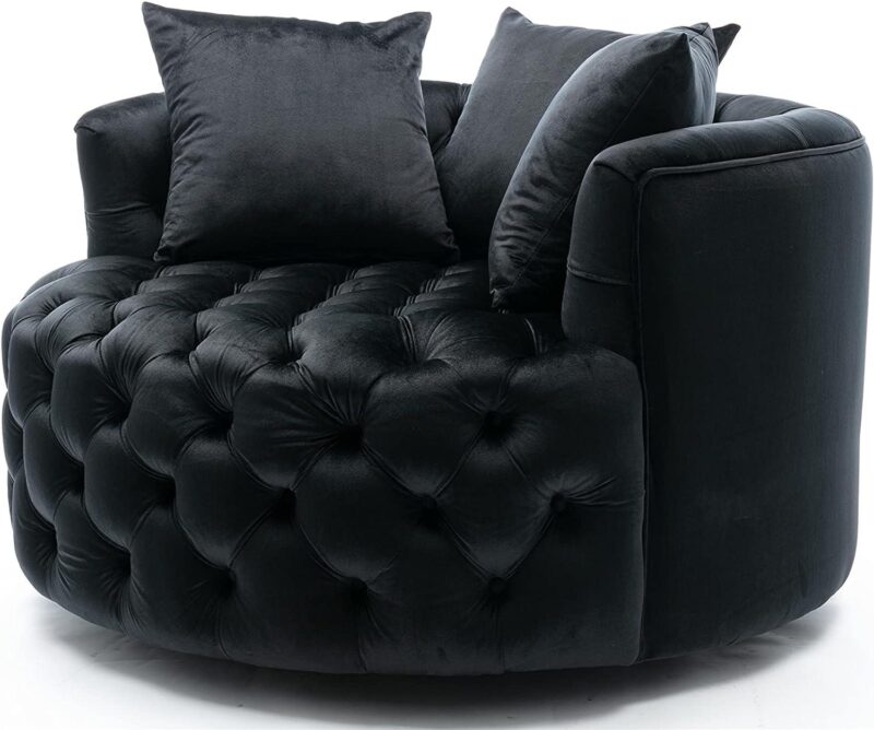 Natural Art & Craft Barrel Button Tufted Design Modern Round Sofa For Living Room with 3 Pillows ( Black ) - Image 6