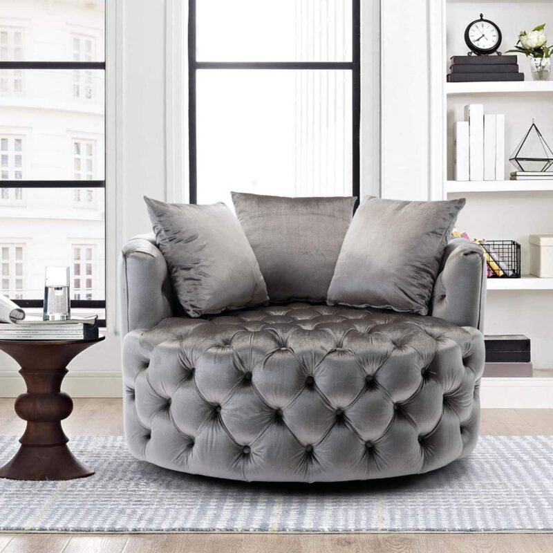 Natural Art & Craft Barrel Button Tufted Design Modern Round Sofa For Living Room with 3 Pillows ( Grey )