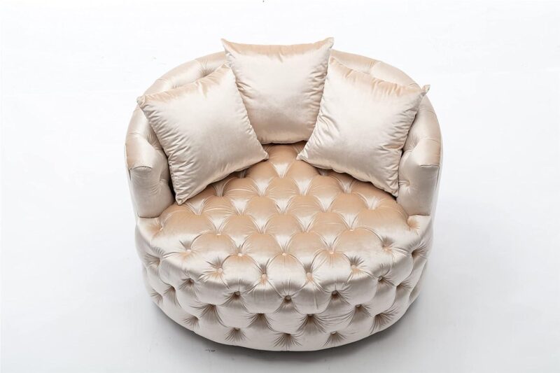 Natural Art & Craft Barrel Button Tufted Design Modern Round Sofa For Living Room with 3 Pillows ( Beige ) - Image 4