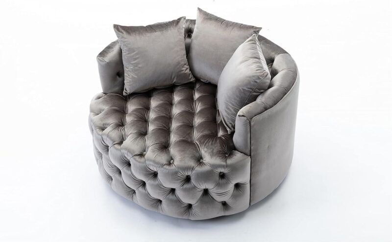 Natural Art & Craft Barrel Button Tufted Design Modern Round Sofa For Living Room with 3 Pillows ( Grey ) - Image 5