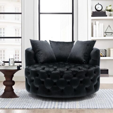 Natural Art & Craft Barrel Button Tufted Design Modern Round Sofa For Living Room with 3 Pillows ( Black )