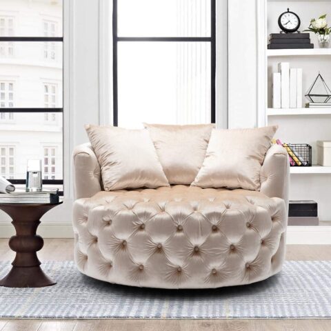 Natural Art & Craft Barrel Button Tufted Design Modern Round Sofa For Living Room with 3 Pillows ( Beige )