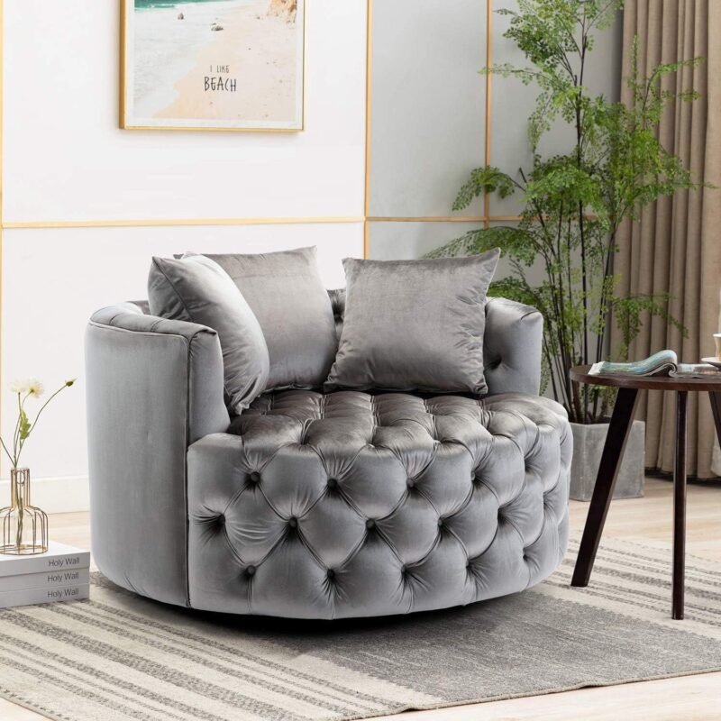 Natural Art & Craft Barrel Button Tufted Design Modern Round Sofa For Living Room with 3 Pillows ( Grey ) - Image 2