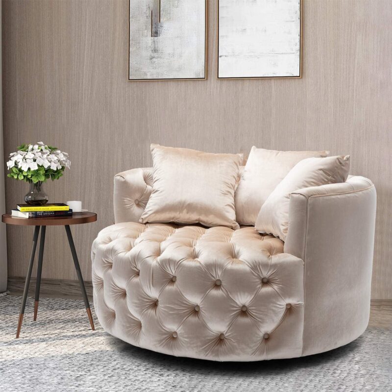 Natural Art & Craft Barrel Button Tufted Design Modern Round Sofa For Living Room with 3 Pillows ( Beige ) - Image 3
