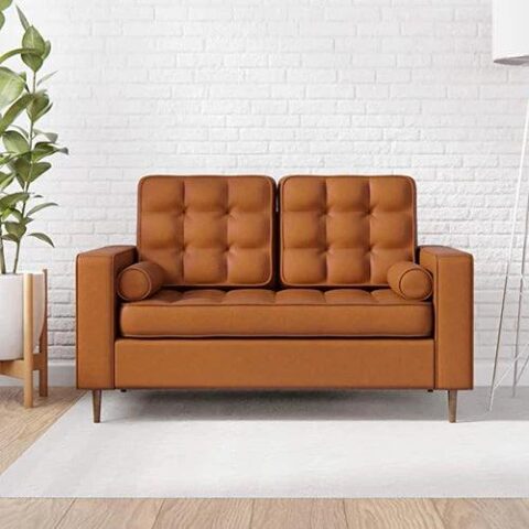 Natural Art & Craft Modern Square Arms and Tufting-Bolster Leatherette 2-Seater Chaise Lounge With 2 Pillows ( Brown )