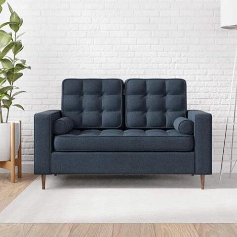 Natural Art & Craft Modern Square Arms and Tufting-Bolster Leatherette 2-Seater Chaise Lounge With 2 Pillows ( Blue )