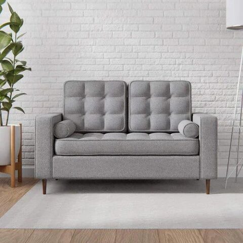 Natural Art & Craft Modern Square Arms and Tufting-Bolster Leatherette 2-Seater Chaise Lounge With 2 Pillows ( Grey )