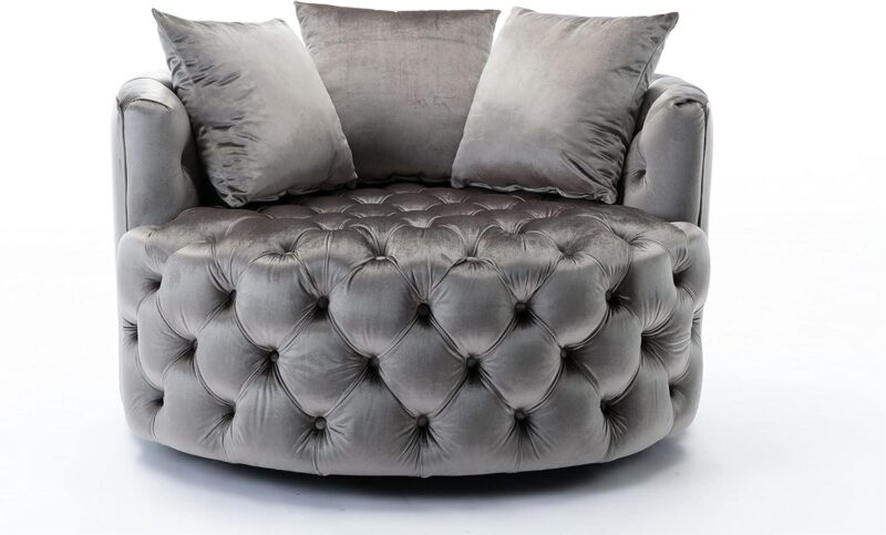 Natural Art & Craft Barrel Button Tufted Design Modern Round Sofa For Living Room with 3 Pillows ( Grey ) - Image 4