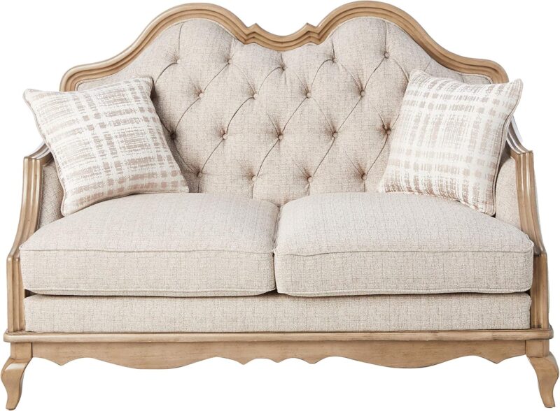 Natural Art & Craft Chelmsford Hand Carved Teak Wood 2-Seater Sofa Elegant Wooden Living Room ( Beige ) - Image 3