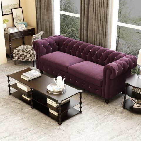 Natural Art & Craft Graceful 3-Seater Velvet Fabric Button Tufted Rolled Arm Chesterfield Sofa ( Purple )