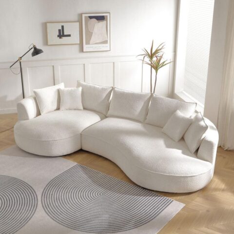 Natural Art & Craft Snowy Curved Luxurious Boucle Fabric 3 Seater Sofa with Soft Comfortable Cushions for Modern Living Room