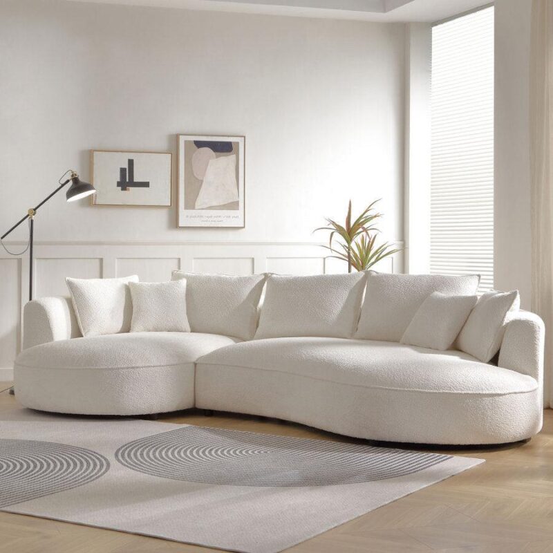 Natural Art & Craft Snowy Curved Luxurious Boucle Fabric 3 Seater Sofa with Soft Comfortable Cushions for Modern Living Room - Image 2