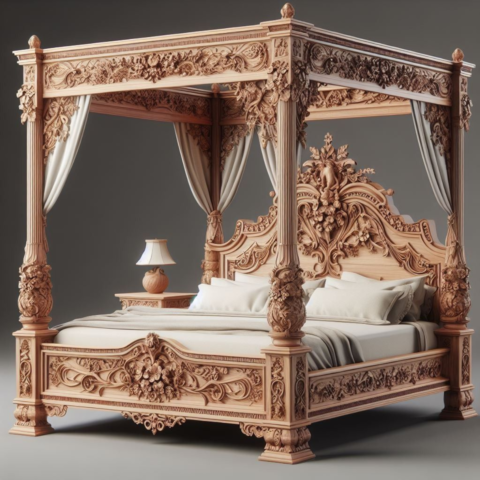 Natural Art & Crafts Royal Canopy Hand-Carved Teak Wood King Size Bed Luxurious Antique-Style Wooden Bed for Elegant Bedrooms