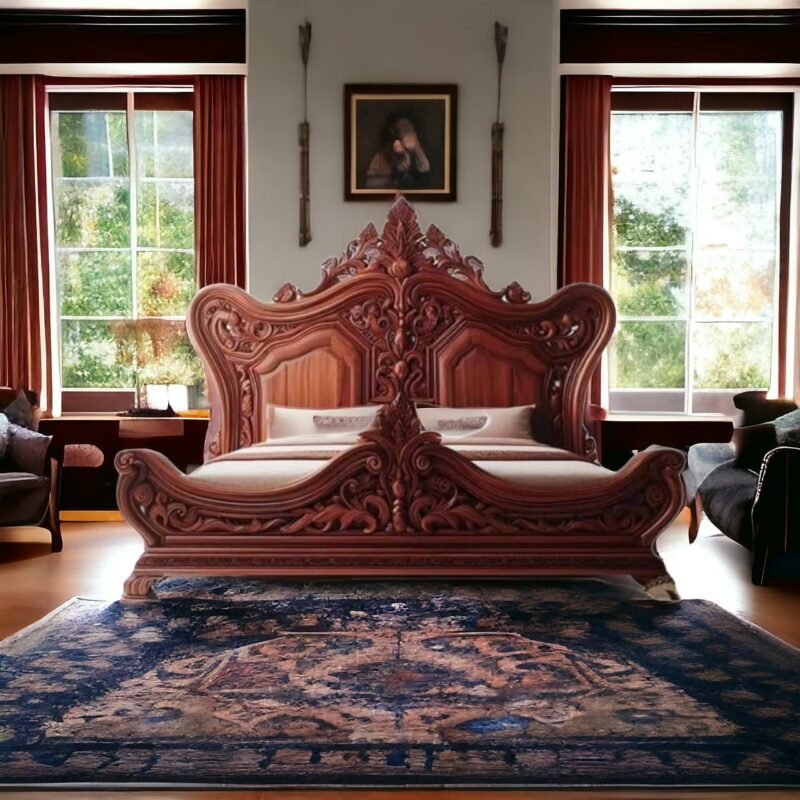 Natural Art & Crafts Glorious Hand Carved Teak Wood King Size Bed, Royal Look Luxury Traditional Bedroom ( Brown )