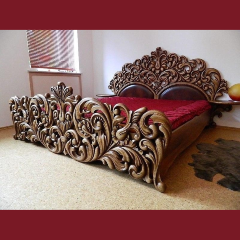 Natural Art & Crafts Epic Floral Hand Carved Teak Wood King Size Bed Luxury Wooden Bedroom with Traditional Artistic Design