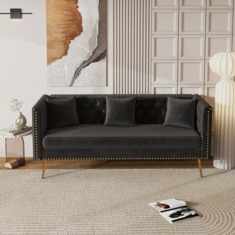 Natural Art & Craft Opulent Modern Sofa Elegant Velvet Seating 3 Seater Sofa Set ( Black )