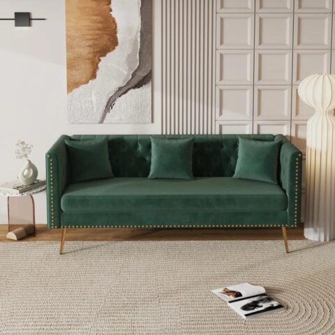 Natural Art & Craft Opulent Modern Sofa Elegant Velvet Seating 3 Seater Sofa Set ( Green )