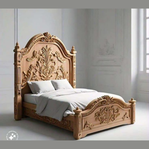 Natural Art & Crafts Sculpt Hand-Carved Teak Wood King Size Bed Luxury Artisan Bed Frame with Modern Rustic Design