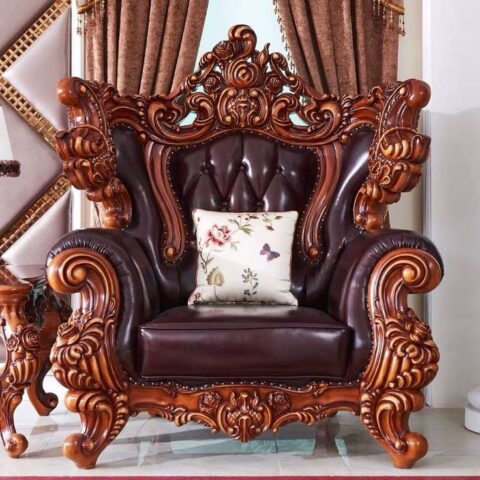 Natural Art & Craft Wooden Carved Teak Wood European-Style Luxury Single Seater Sofa