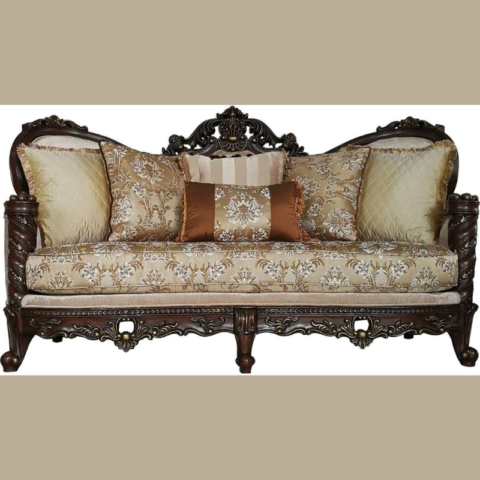 Natural Art & Craft Traditional European Hand Carved Teak Wood 3-Seater Sofa Elegant Wooden Living Room ( Brown )