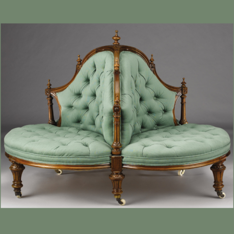 Natural Art & Craft Victorian Roundabout Conversation Tufted Carved Teak Wood Sofa Chair