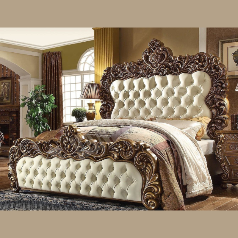 Natural Art & Crafts Majestic Teak Wood King Size Bed with 2 Side Tables, 1 Dressing Table, and Mirror Elegant Golden Finish Luxury Bedroom Furniture Set - Image 3
