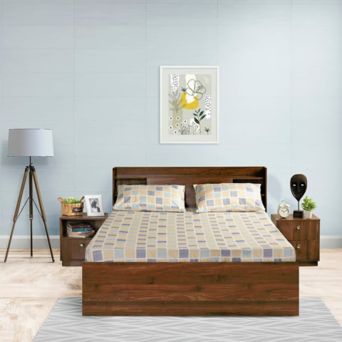 Natural Art & Crafts Cease Plain Design Handmade Teak Wood King Size Bed Luxurious Elegant Bedroom Decor with 2 Bedside Table