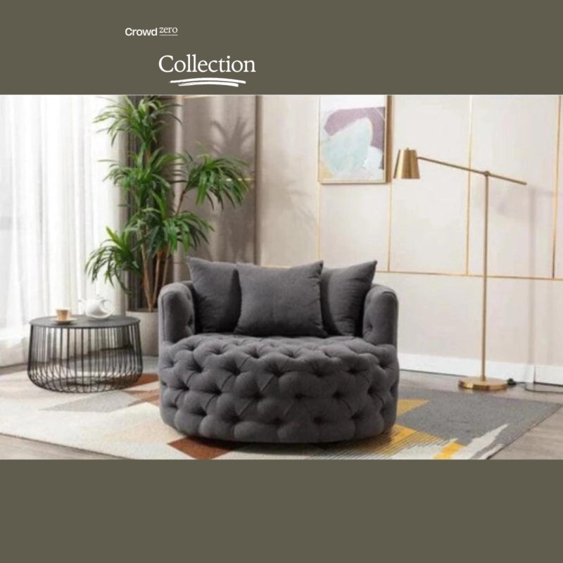 Natural Art & Craft Barrel Button Tufted Design Modern Round Sofa For Living Room with 3 Pillows ( Dark Grey )