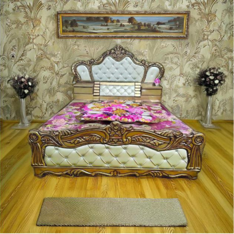 Natural Art & Crafts Embed Handmade Hand-Carved Teak Wood Modern Bed Stylish Bedroom & Living Room Furniture, Luxury