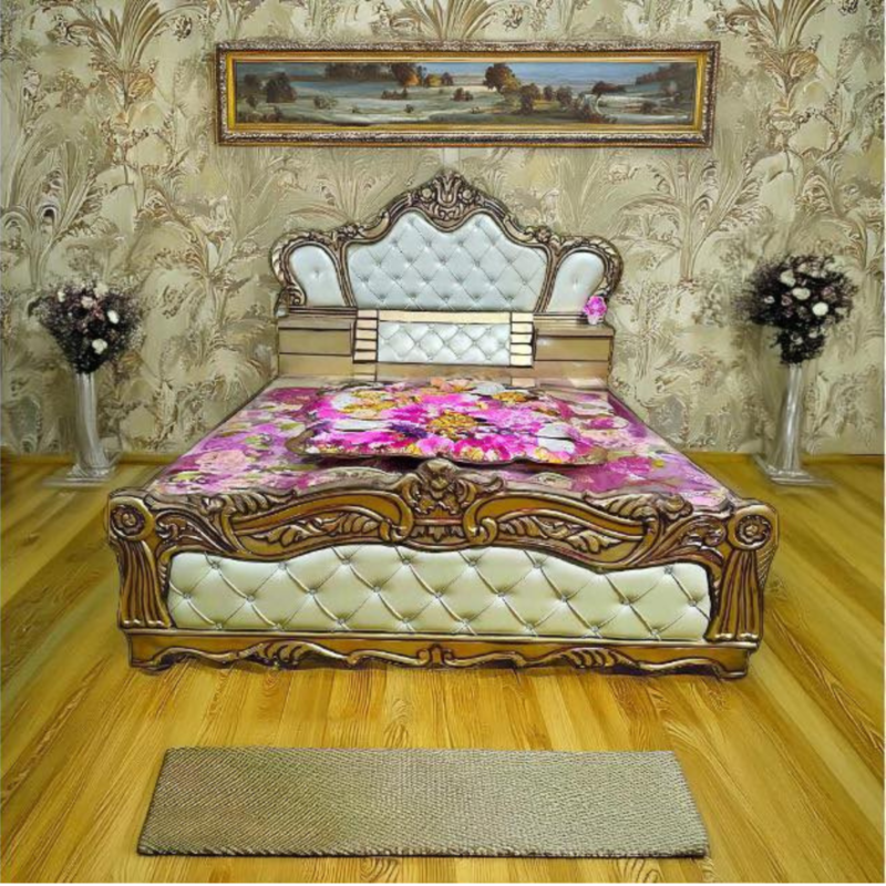 Natural Art & Crafts Embed Handmade Hand-Carved Teak Wood Modern Bed Stylish Bedroom & Living Room Furniture, Luxury
