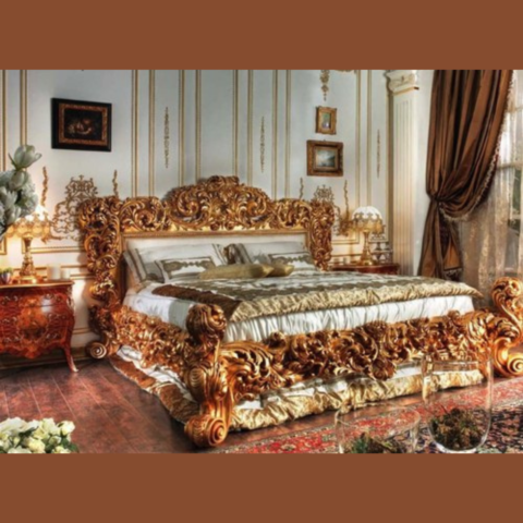 Natural Art & Crafts Royal Italian Baroque Hand-Carved Teak Wood King Size Bed with 2 Matching Bedside Tables Luxurious Golden Finish Bedroom Set