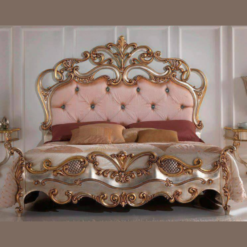 Natural Art & Crafts Boudoir Royal Look Floral Design Baroque Hand-Carved Teak Wood King Size Bed Elegant Vintage Style Bedroom Furniture