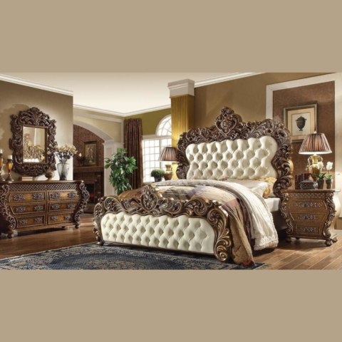 Natural Art & Crafts Majestic Teak Wood King Size Bed with 2 Side Tables, 1 Dressing Table, and Mirror Elegant Golden Finish Luxury Bedroom Furniture Set