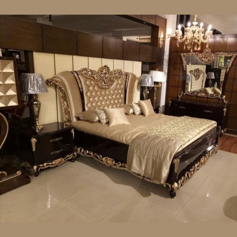 Natural Art & Crafts Absorb Hand Carved Teak Wood Button Tufted Rectangular King Size Bed Luxury Modern Bedroom Set