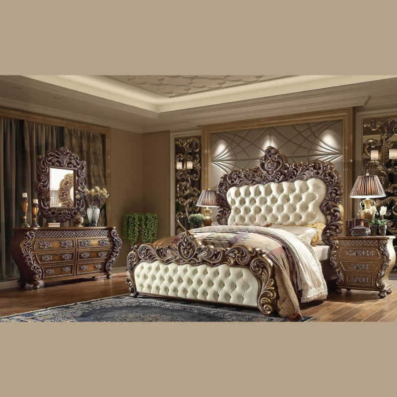 Natural Art & Crafts Majestic Teak Wood King Size Bed with 2 Side Tables, 1 Dressing Table, and Mirror Elegant Golden Finish Luxury Bedroom Furniture Set - Image 2