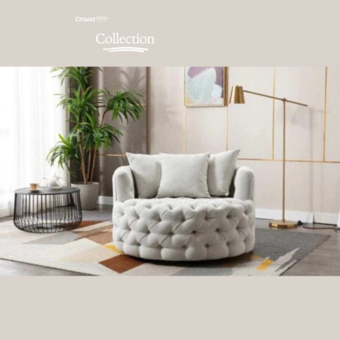 Natural Art & Craft Barrel Button Tufted Design Modern Round Sofa For Living Room with 3 Pillows ( White )