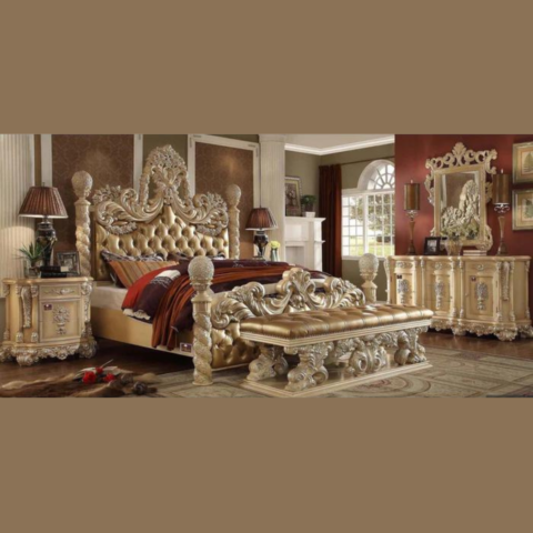 Natural Art & Crafts Majestic Teak Wood King Size Bed with 2 Side Tables, 1 Dressing Table, 1 Mirror and 1 Bench Elegant Golden Finish Luxury Bedroom Furniture Set