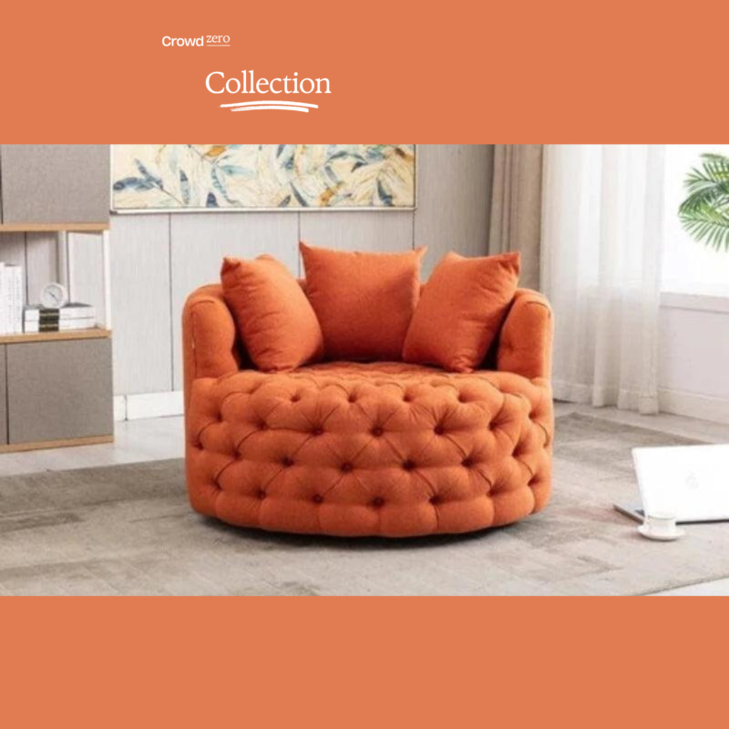 Natural Art & Craft Barrel Button Tufted Design Modern Round Sofa For Living Room with 3 Pillows ( Orange)
