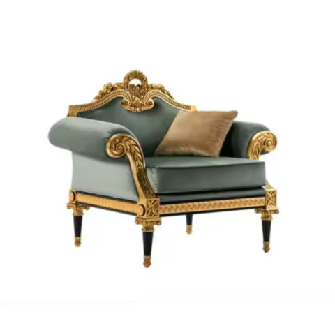 Natural Art & Craft Europe Classic Wooden Hand-Carved Teak Wood Golden Finish Armrest Sofa