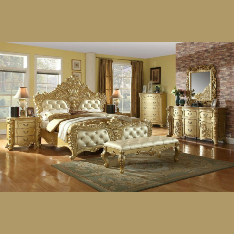 Natural Art & Crafts Imperial Teak Wood King Size Bed with 2 Side Tables, 1 Dressing Table, and Mirror Elegant Luxury Bedroom Furniture Set ( Golden Finish )