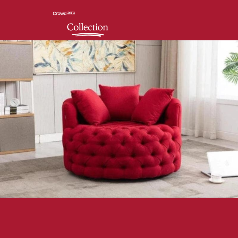 Natural Art & Craft Barrel Button Tufted Design Modern Round Sofa For Living Room with 3 Pillows ( Red )