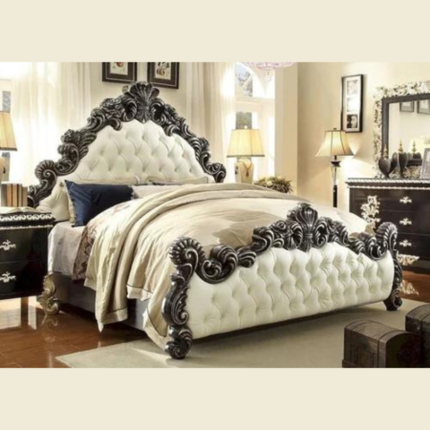 Natural Art & Crafts Royal Luxurious Hand Carved Teak Wood King Size Bed with Storage ( Golden )