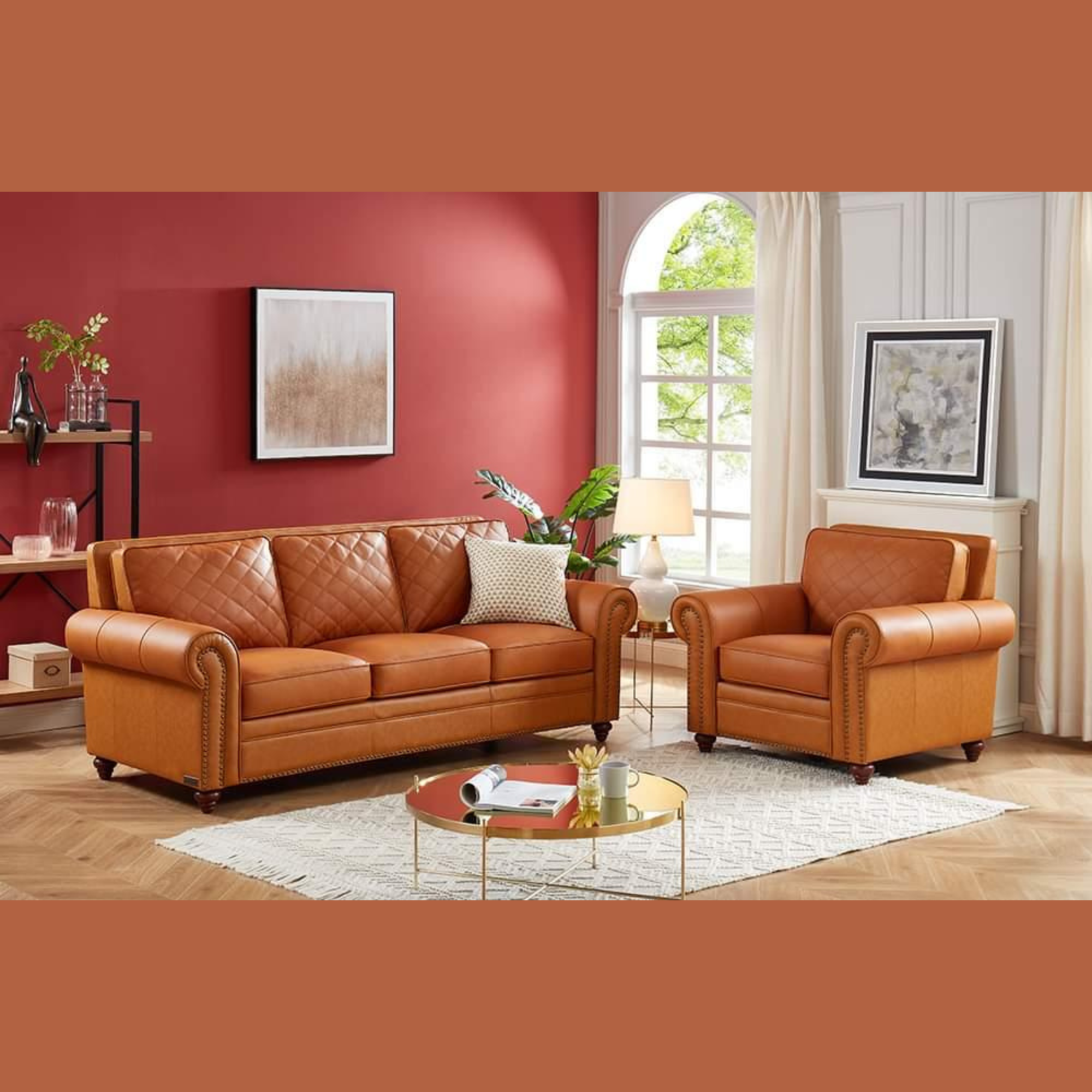 Natural Art & Craft Wooden Handmade Stylish Look Grace Modern Leatherette Sofa 3+1 (Brown)